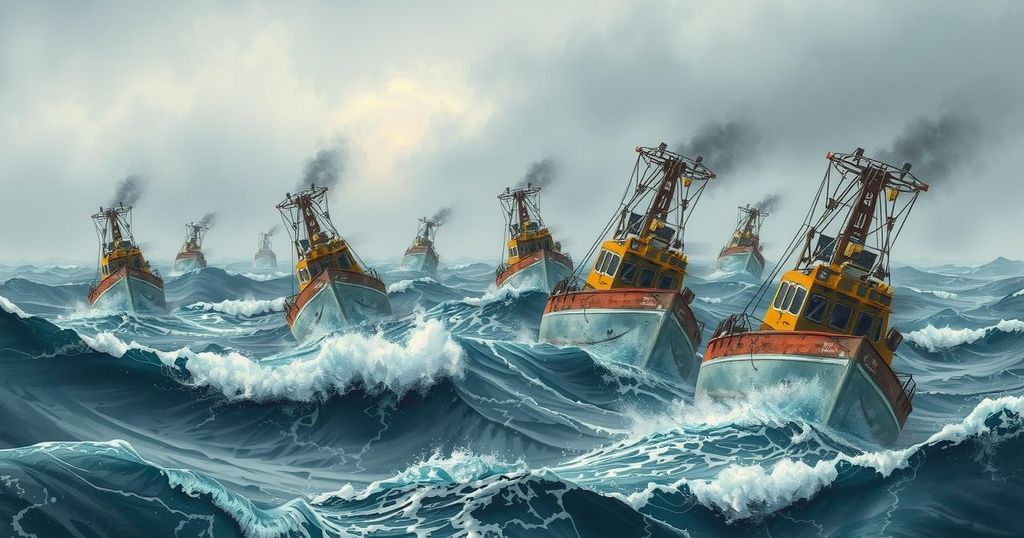 Mullet fishing in Kuwait disrupted by weather and permits, showing boats on a choppy sea under grey skies.