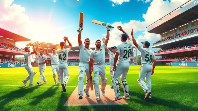 South African cricket victory celebration with players raising their bats in triumph under bright stadium lights.