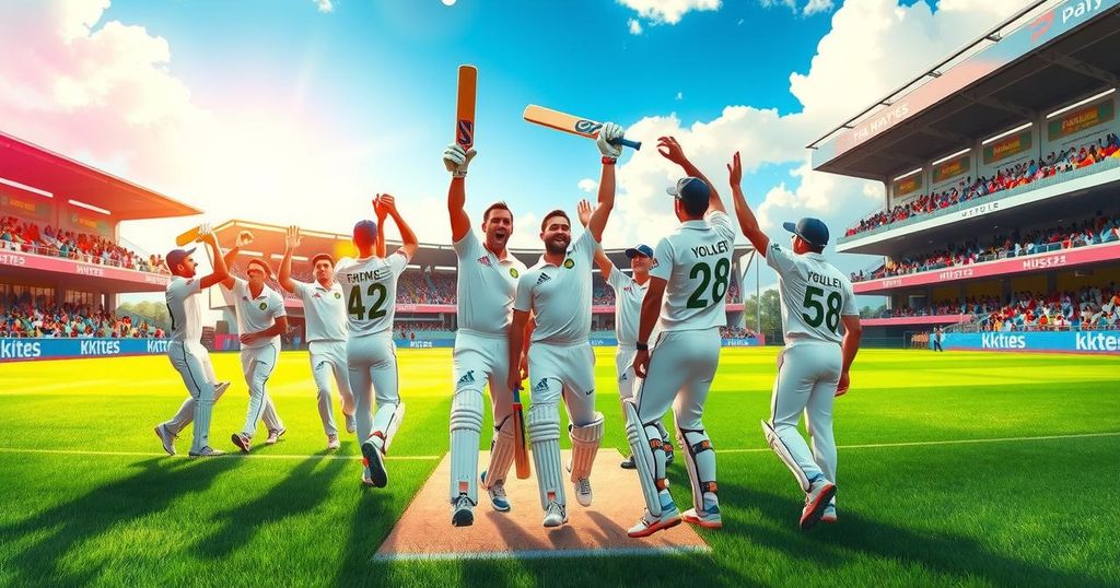 South African cricket victory celebration with players raising their bats in triumph under bright stadium lights.