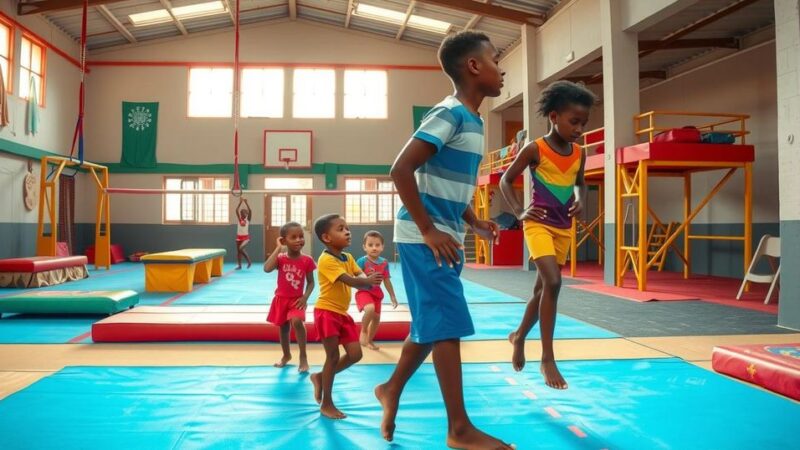A vibrant gymnastics facility in Uganda with training equipment and enthusiastic kids practicing gymnastics in colorful uniforms.