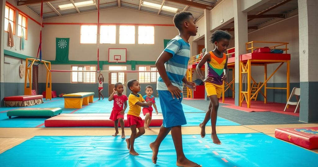 A vibrant gymnastics facility in Uganda with training equipment and enthusiastic kids practicing gymnastics in colorful uniforms.