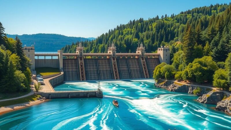 A view of a hydroelectric dam on a river, surrounded by lush greenery under a bright blue sky.