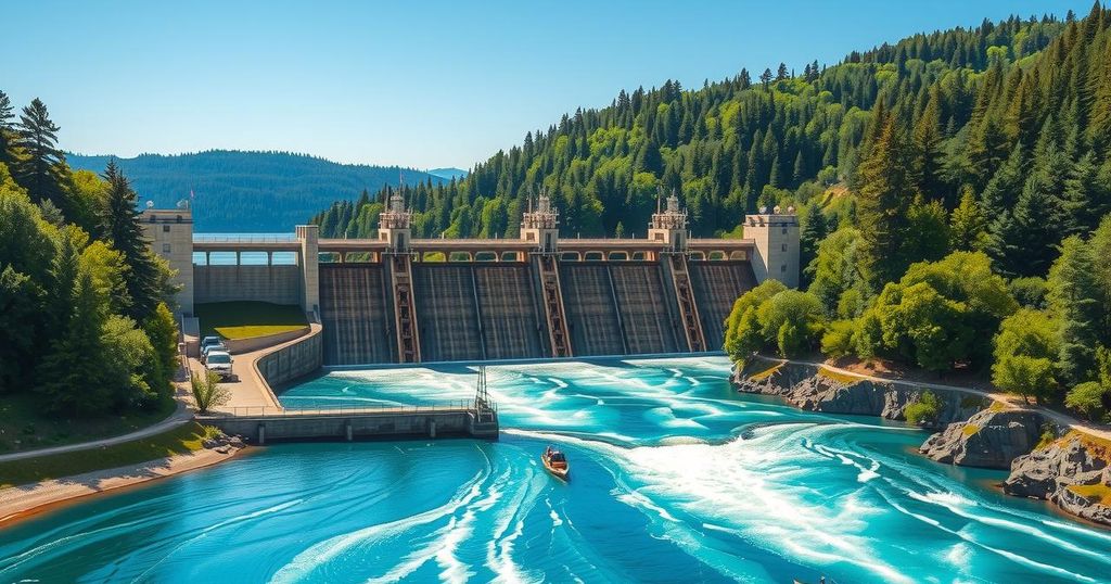 A view of a hydroelectric dam on a river, surrounded by lush greenery under a bright blue sky.