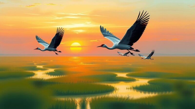 Gray crowned cranes gracefully soaring over lush wetlands in vibrant sunset colors, symbolizing conservation successes.