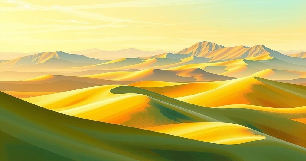 A peaceful Tunisian landscape symbolizing humanitarian efforts, surrounded by vibrant colors to represent hope.