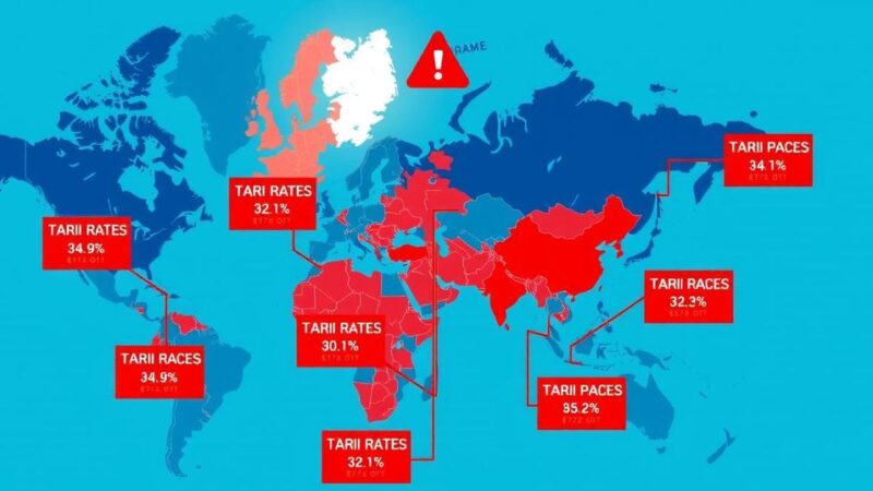 Map highlighting countries facing new tariffs from the US, with key exports illustrated and a warning symbol.