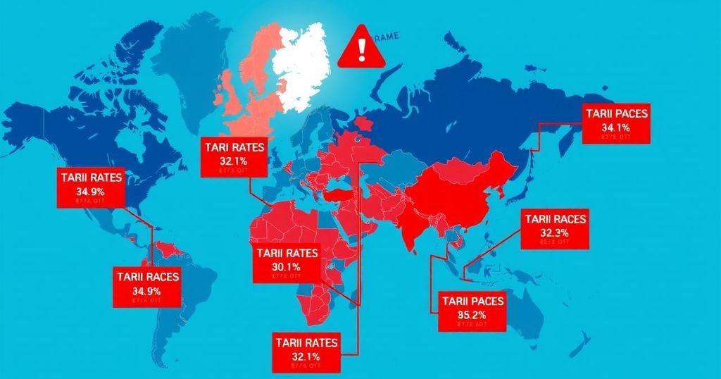 Map highlighting countries facing new tariffs from the US, with key exports illustrated and a warning symbol.