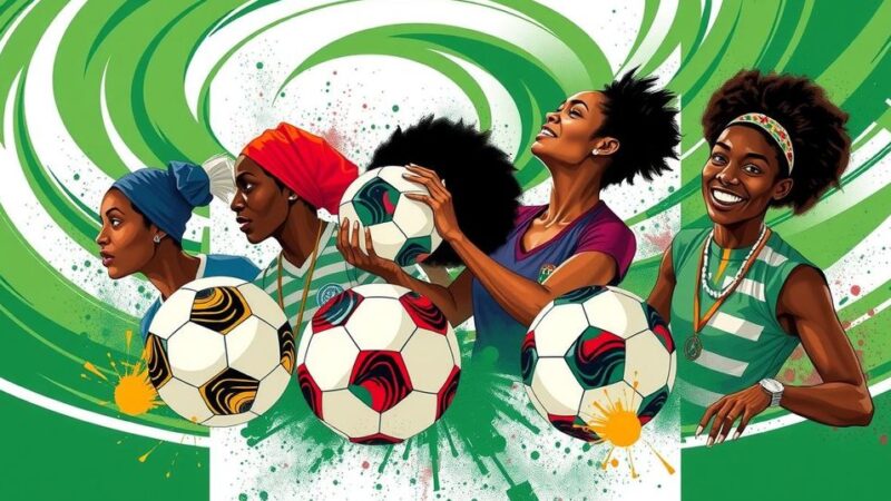 Six iconic Nigerian women's football players celebrating their achievements in WAFCON history with vibrant colors.