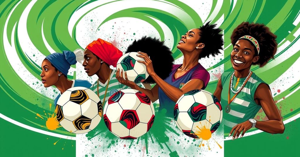 Six iconic Nigerian women's football players celebrating their achievements in WAFCON history with vibrant colors.