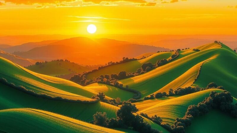 A serene landscape depicting peace and unity, featuring lush green hills and a vibrant sunset.