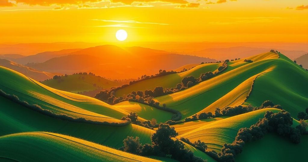 A serene landscape depicting peace and unity, featuring lush green hills and a vibrant sunset.