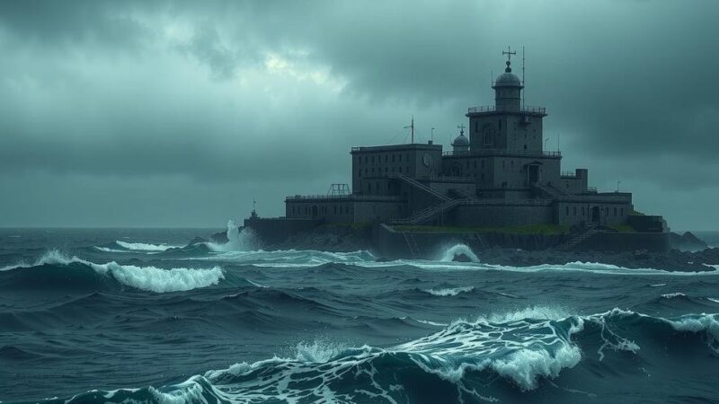 A lone isolated island with a detention center surrounded by dark ocean waves under a cloudy sky, symbolizing asylum plight.