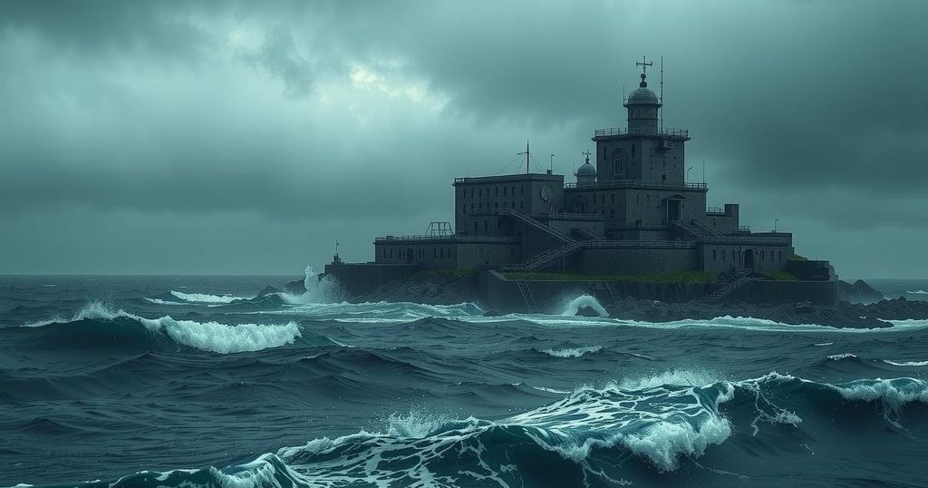 A lone isolated island with a detention center surrounded by dark ocean waves under a cloudy sky, symbolizing asylum plight.
