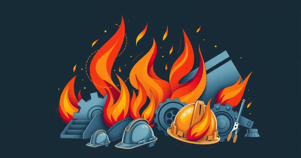 Abstract representation of a commitment to safety and reform in mining, with symbolic flames and safety elements.