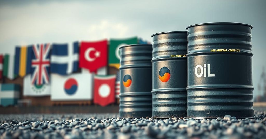 A symbolic image representing international trade tensions and sanctions with oil barrels and flags of India and China in a balanced arrangement.