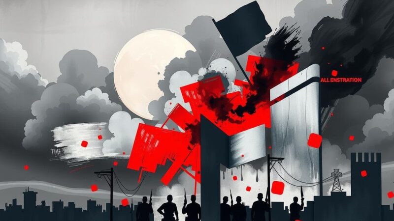 Abstract depiction of a conflict scene representing geopolitical tensions in Syria involving air strikes and power dynamics.