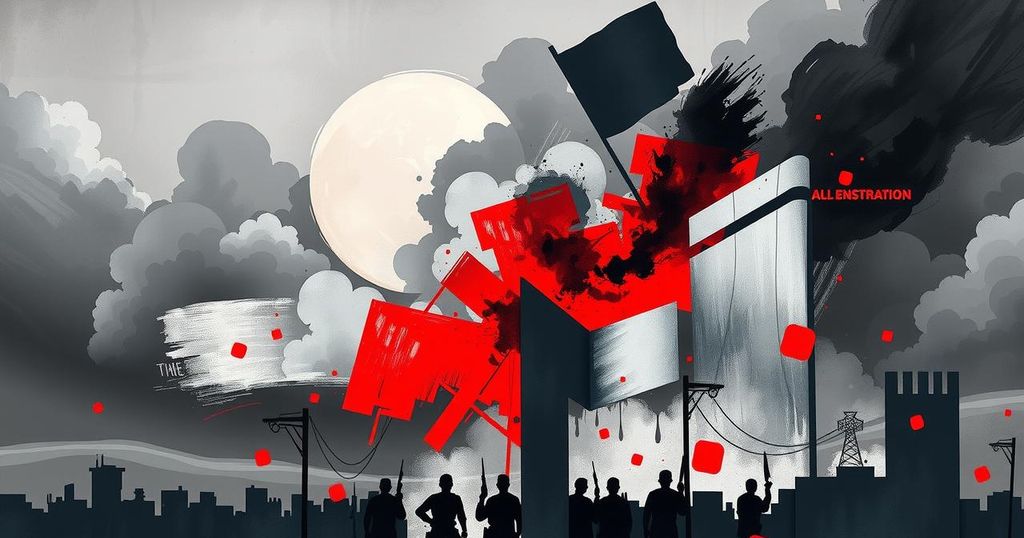 Abstract depiction of a conflict scene representing geopolitical tensions in Syria involving air strikes and power dynamics.