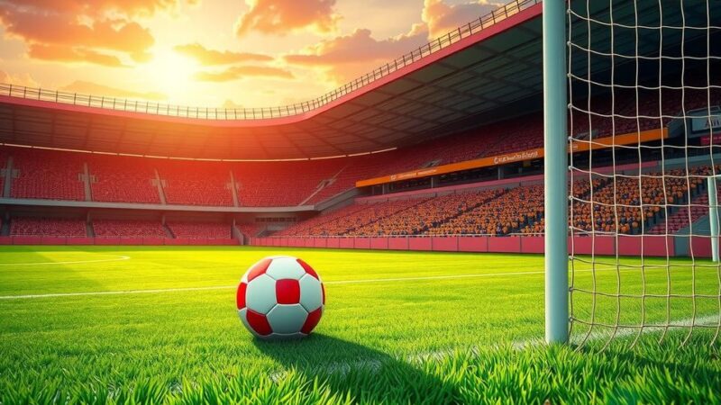 A soccer field with a ball and goal net during a match in a stadium under a sunset sky.