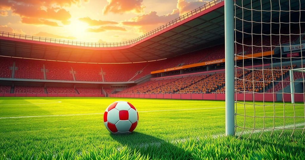 A soccer field with a ball and goal net during a match in a stadium under a sunset sky.