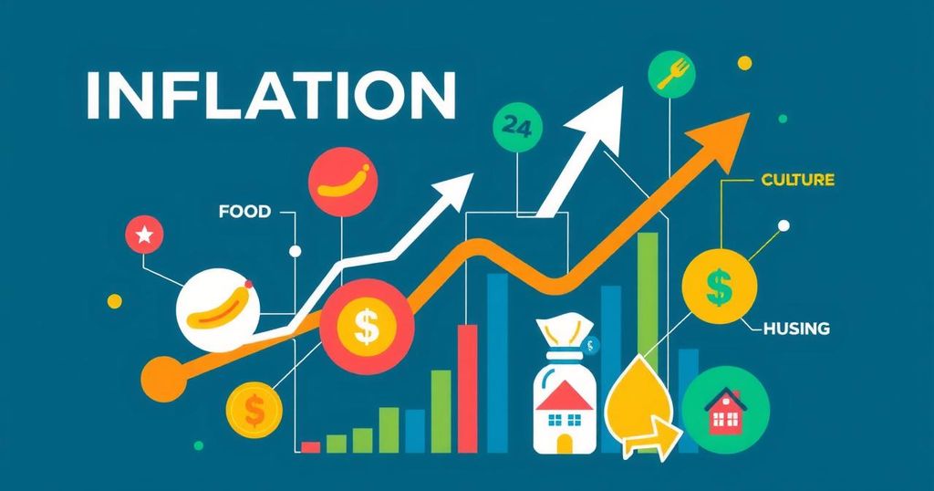 A colorful infographic showing rising inflation with visual graphs and icons for different sectors.