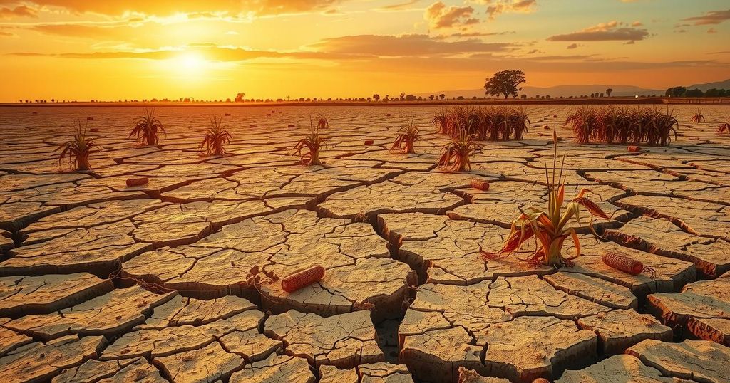 Arid landscape of southern Honduras with scorched land and dried corn crops under a scorching sun.