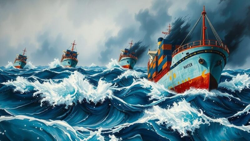 Abstract painting of a turbulent sea with cargo ships, influenced by expressionism and featuring dramatic dark blue and gray tones.
