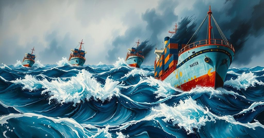 Abstract painting of a turbulent sea with cargo ships, influenced by expressionism and featuring dramatic dark blue and gray tones.