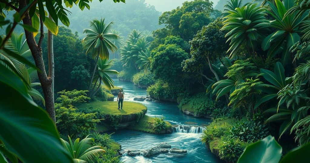 A green landscape illustrating environmental protection efforts with a vibrant color scheme in a naturalistic art style.