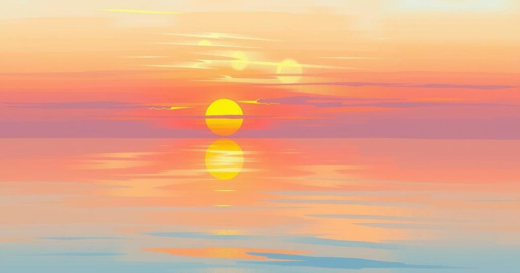 A tranquil landscape with a vibrant sunset, representing legacy and remembrance in serene beauty.