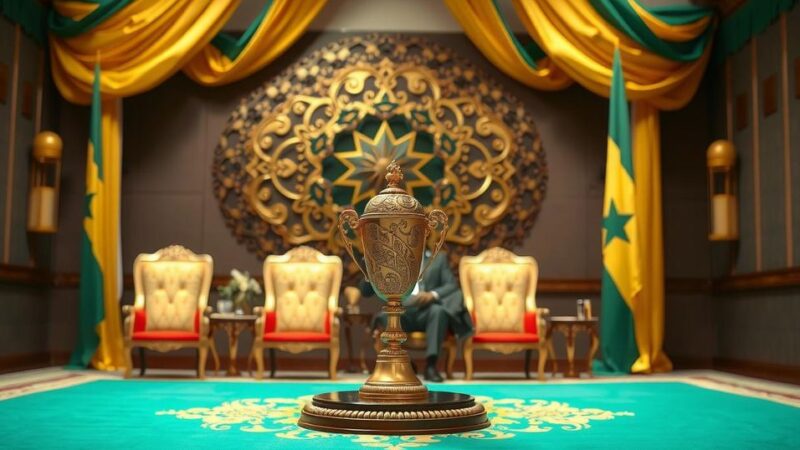 A symbolic award ceremony showing a dignified setting, with a decorative backdrop representing Ghana's culture.