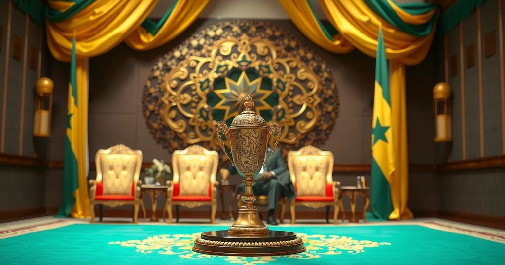 A symbolic award ceremony showing a dignified setting, with a decorative backdrop representing Ghana's culture.