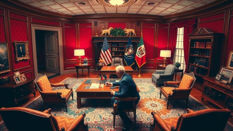 President discussing diplomacy at the Oval Office with maps and flags in the background.