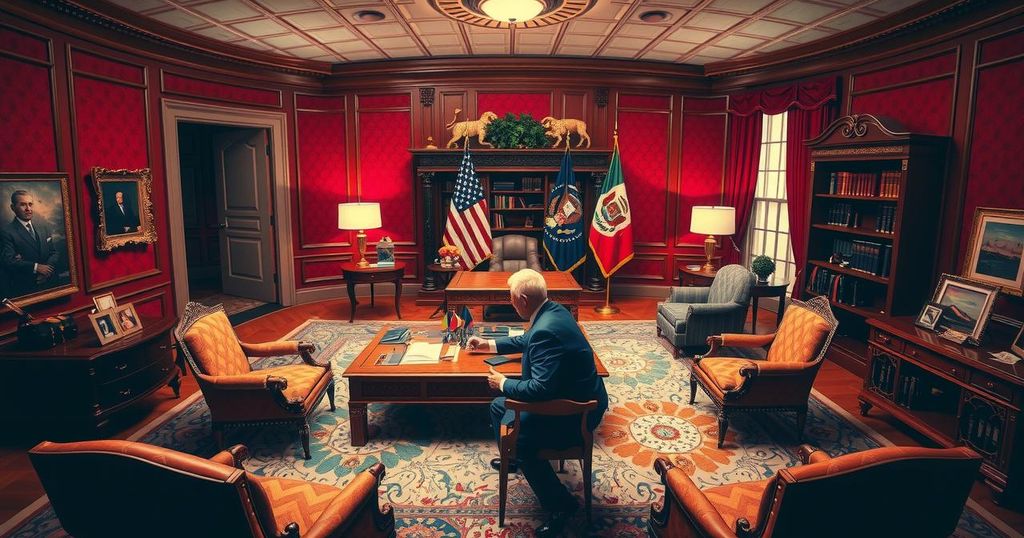 President discussing diplomacy at the Oval Office with maps and flags in the background.