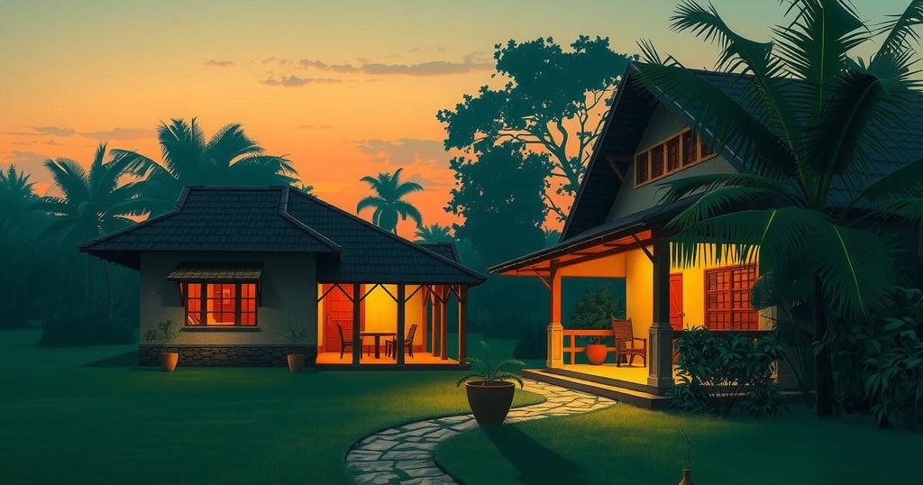A solemn memorial scene with a softly lit Nigerian landscape, featuring traditional elements and peaceful greenery.