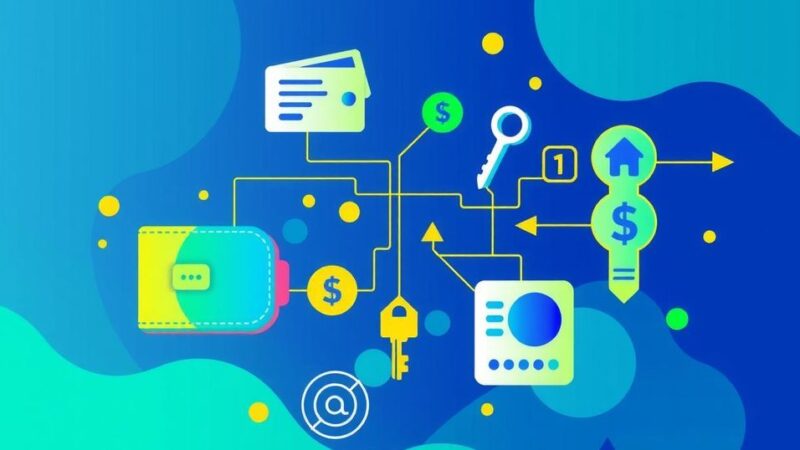 A colorful illustration of digital payments represented by interconnected financial symbols, highlighting fast transactions.