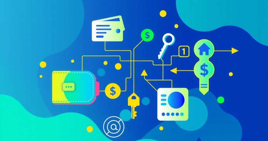 A colorful illustration of digital payments represented by interconnected financial symbols, highlighting fast transactions.