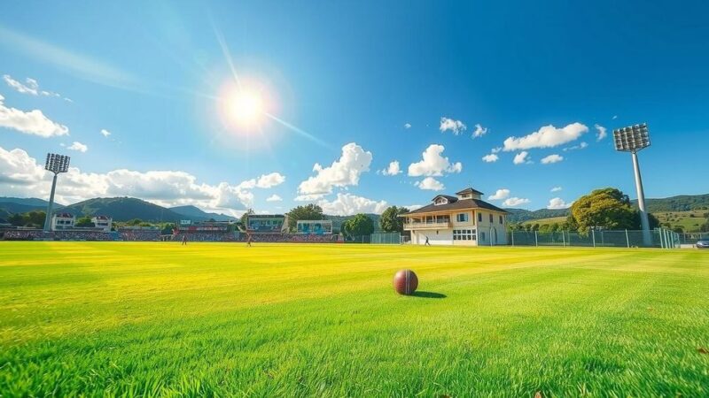 A vibrant cricket scene in New Zealand showcasing a cricket field under blue sky with lively green grass.