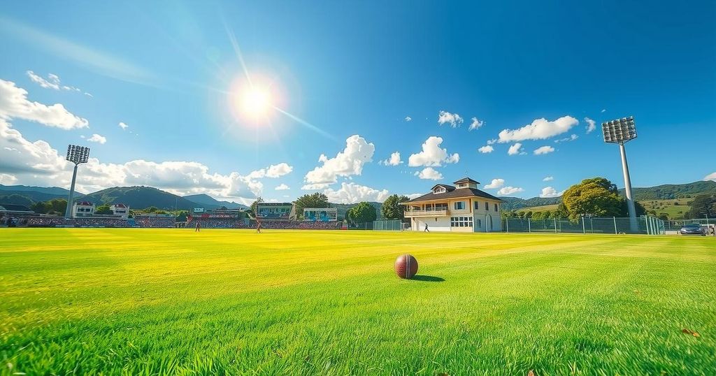A vibrant cricket scene in New Zealand showcasing a cricket field under blue sky with lively green grass.