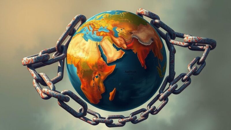 An abstract representation of a united globe surrounded by shattered chains symbolizing refugee aid concerns.
