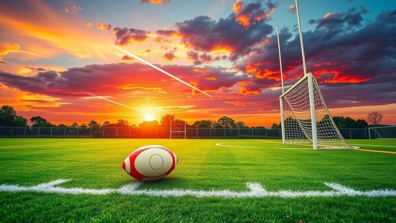 Rugby field with goal posts under a sunset sky, symbolizing sportsmanship and competition.