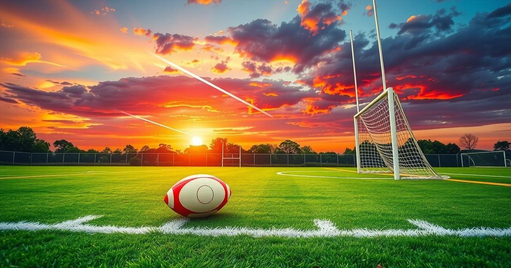 Rugby field with goal posts under a sunset sky, symbolizing sportsmanship and competition.