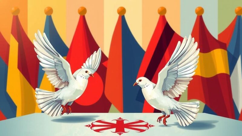 Ceremony in Doha symbolizes peace agreement between DRC and M23, featuring flags, doves, and vibrant colors.