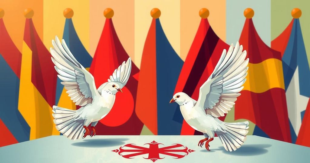 Ceremony in Doha symbolizes peace agreement between DRC and M23, featuring flags, doves, and vibrant colors.