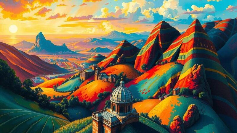 Colombian landscape with vibrant colors symbolizing political tension and the complexity of governance.