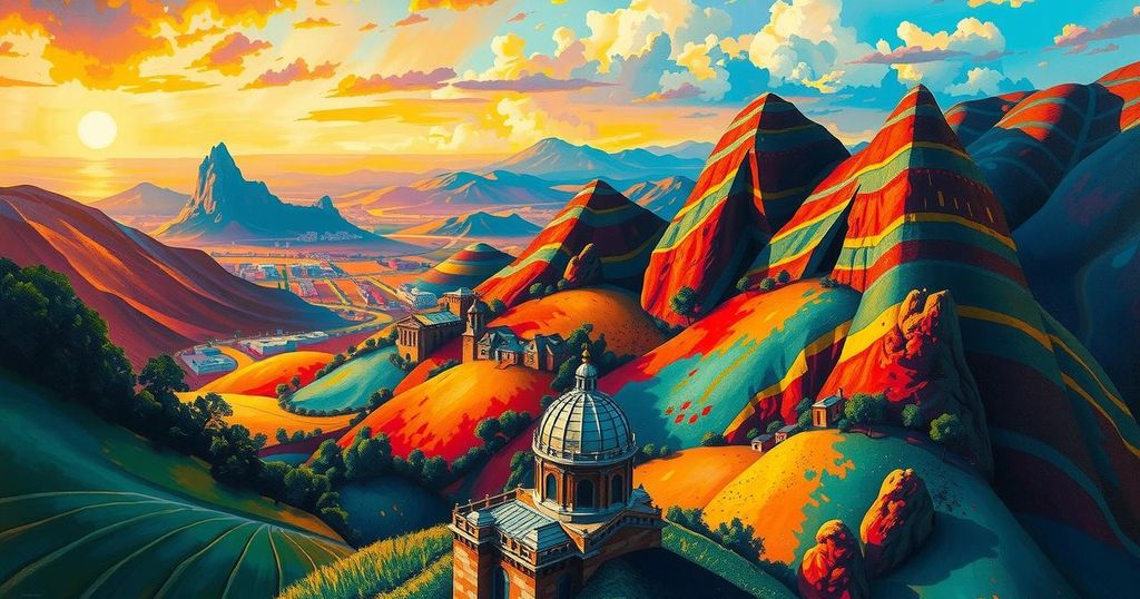 Colombian landscape with vibrant colors symbolizing political tension and the complexity of governance.