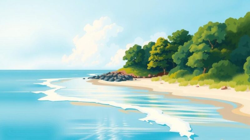 Coastal tourist area of Wonsan with serene landscapes and a calm sea highlighting Russian-North Korean ties.