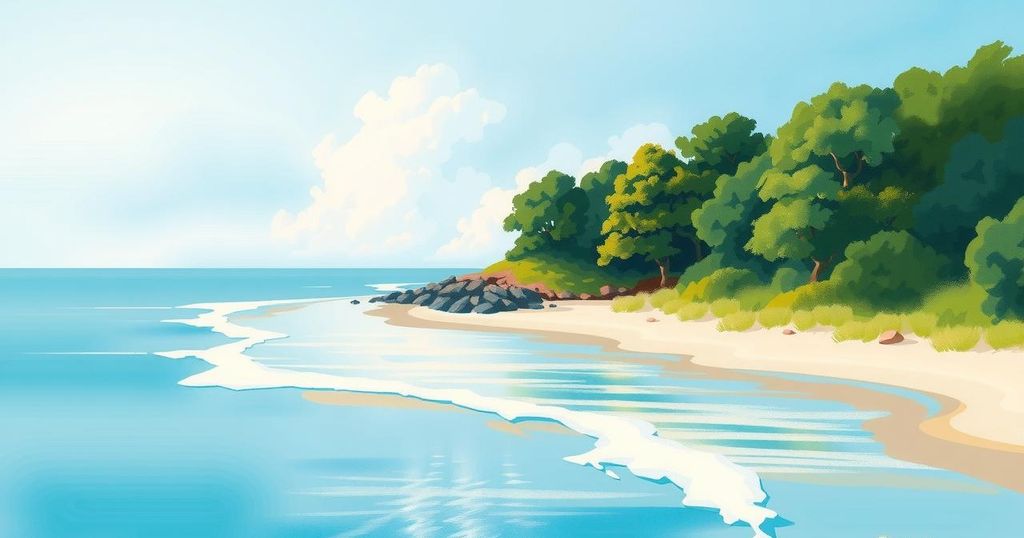 Coastal tourist area of Wonsan with serene landscapes and a calm sea highlighting Russian-North Korean ties.