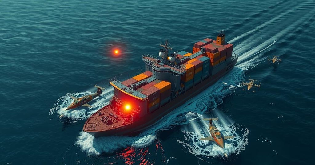 A dramatic scene of a cargo ship under attack in the Red Sea, showcasing a tense maritime conflict setting.