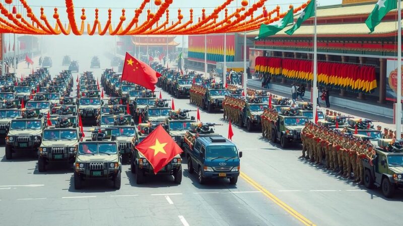 A powerful military parade showcasing advanced military equipment and tactical formations in a celebration.