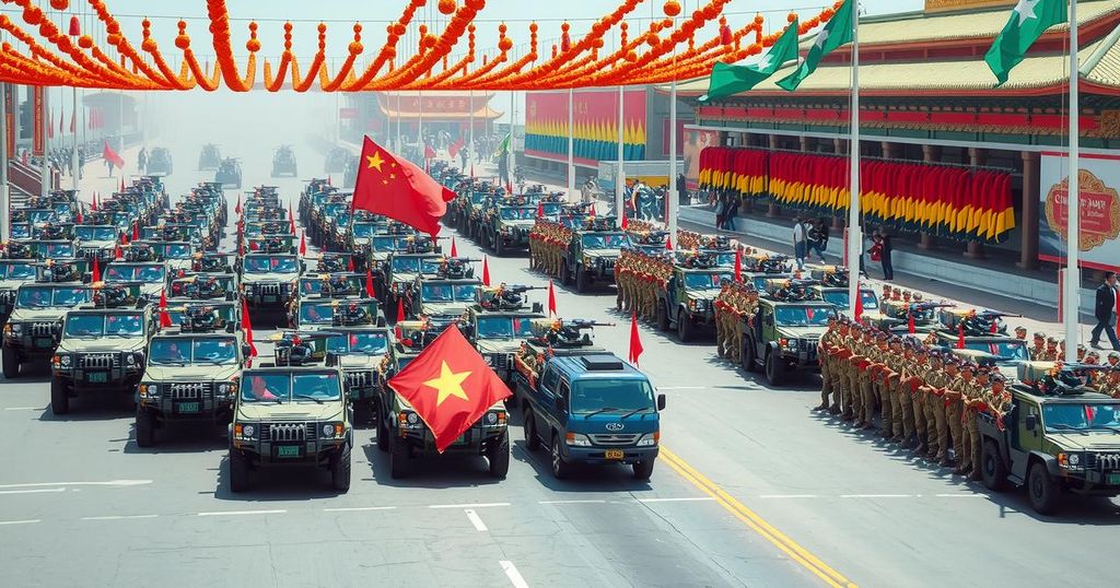A powerful military parade showcasing advanced military equipment and tactical formations in a celebration.